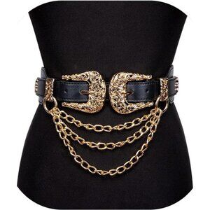 ✨ Leather & Elastic Waist Belt | Gold Alloy Buckle, Hidden Snap Closure